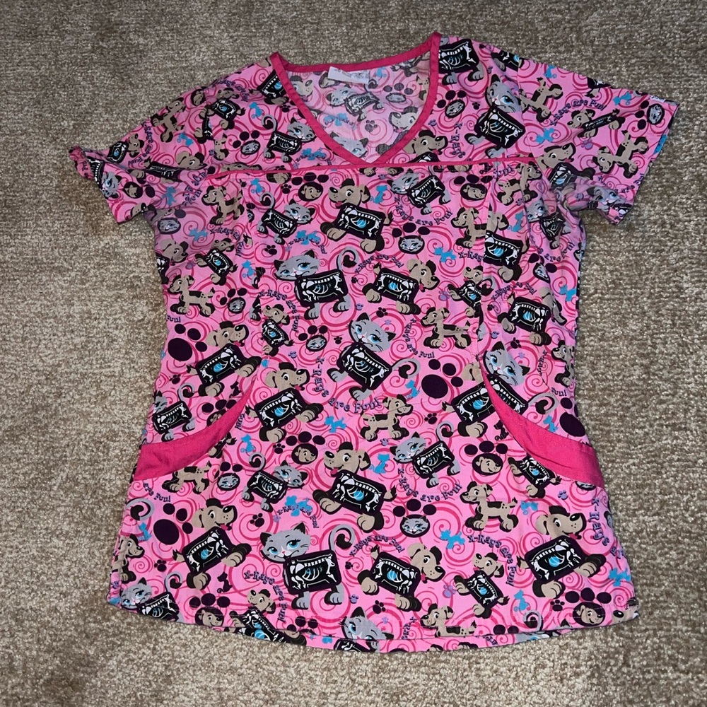 Uniform Advantage Pink ‘X-rays are Fun!’ Dog & Cat Cartoon Print Scrub Top XS